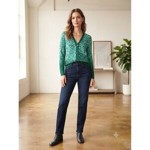 Isaac Mizrahi Live Green Leopard Ombre Cotton V-Neck Cardigan Sweater XXS